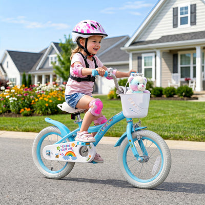 14 Inches Girls Bike for 3-5 Years Old with Training Wheels and Basket - Spring Party Blue