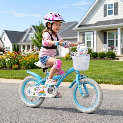 14 Inches Girls Bike for 3-5 Years Old with Training Wheels and Basket - Spring Party Blue