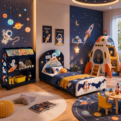 Space Astronaut Theme Kids Upholstered Platform Bed with Toy Storage Organizer