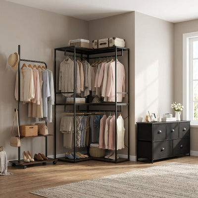 Bedroom Set with 3-Tier Clothes Rack Freestanding Clothing Rack and Dresser Storage Tower