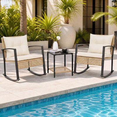 3-Piece Rattan Wicker Patio Conversation Set for Porch Balcony Garden Backyard-White