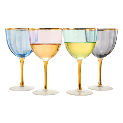 Art Deco Colored Crystal Wine Glass Set of 4, Large 18oz Stemmed Glasses Vibrant Vintage Glasses for White & Red, Water, Margarita Glasses, Gift Idea, Color Glassware - Gilded Rim and Gold Stem