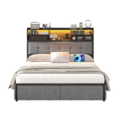 Full LED Bed Frame with LED, USB Charging, Storage Drawers, No Box Spring Needed - Vektaya