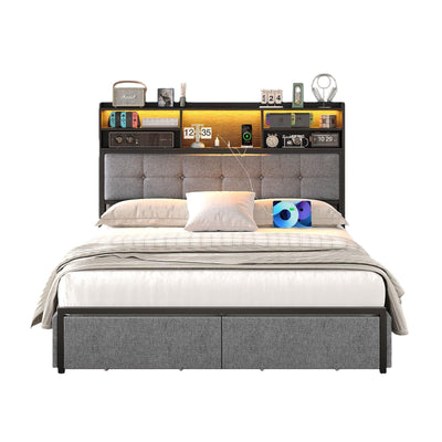 Full LED Bed Frame with LED, USB Charging, Storage Drawers, No Box Spring Needed - Vektaya