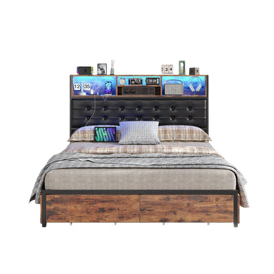 Full RGB LED Bed Frame with RGB LED, USB Charging, Storage Drawers, No Box Spring Needed - Vektaya