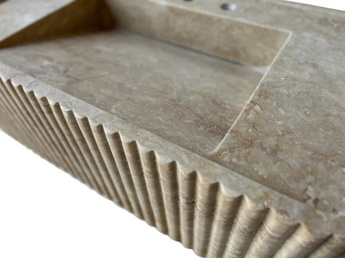 Walnut Travertine Rectangular Wall-mount Bathroom Sink Fluted (W)16