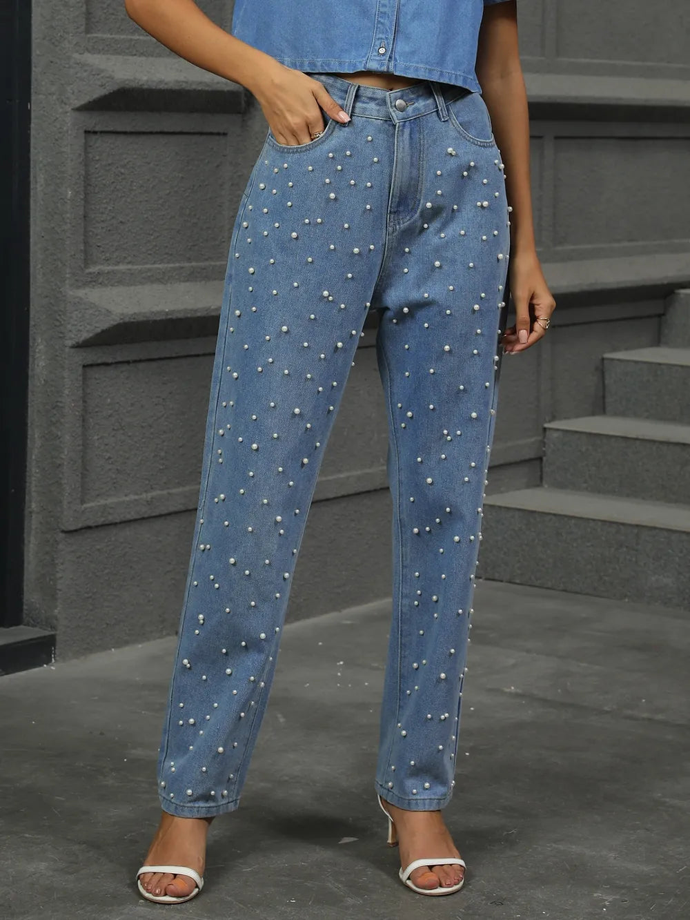 Washed pearl denim straight leg pants