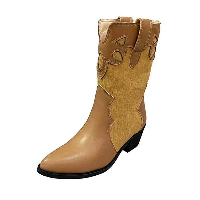 Western Cowboy Boots Summer Thin Women's Korean Fashion Splicing Pointed Retro Look Skinny Thick Heel Mid heeled Short Boots