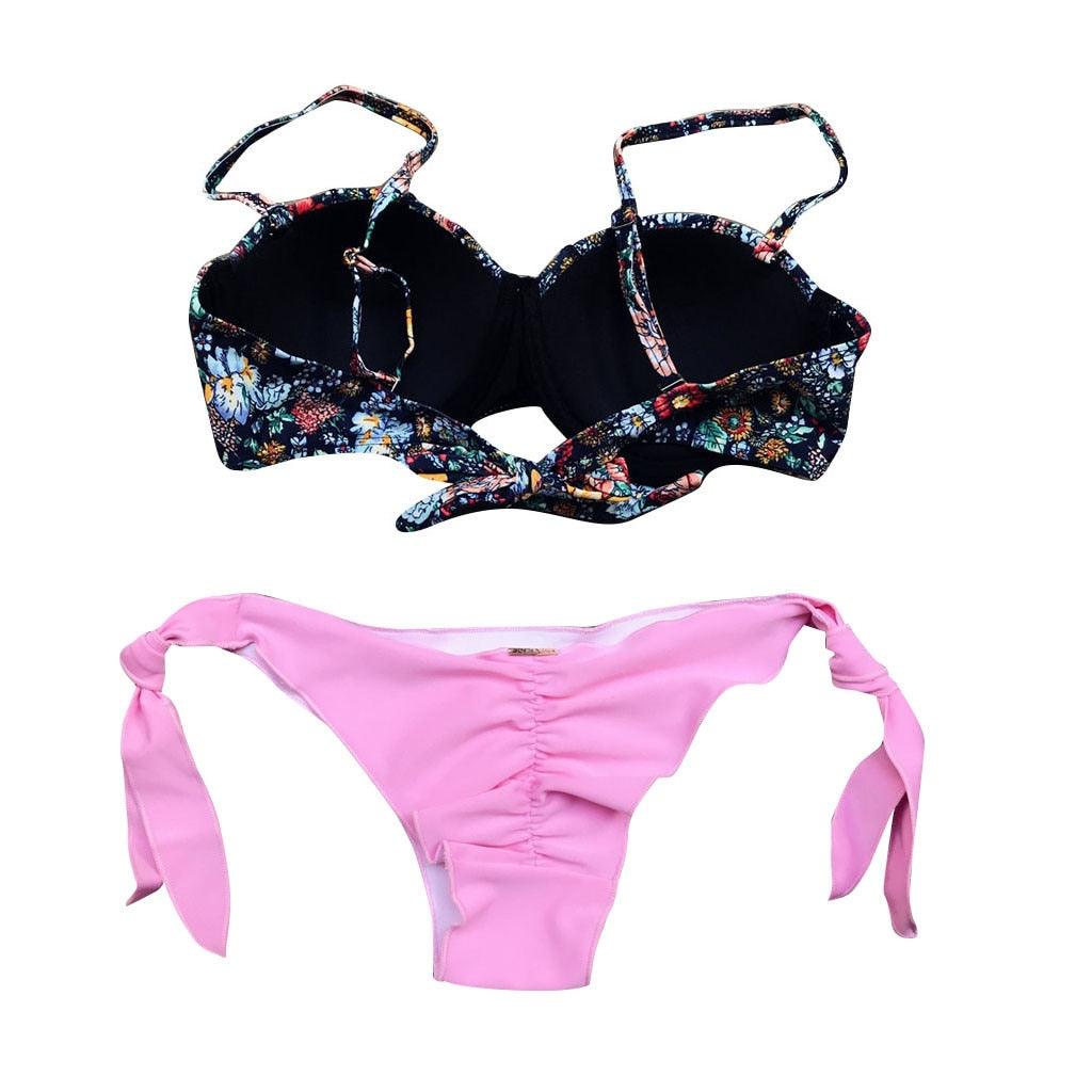 Women Bikini Swimsuit Bandage Floral Print Swimwear Split Bathing Suit Swimsuit Women Two 2 Piece Split Swimsuit Bandage Bikini Sets Halter Tops Bottoms Strapless Swimwear