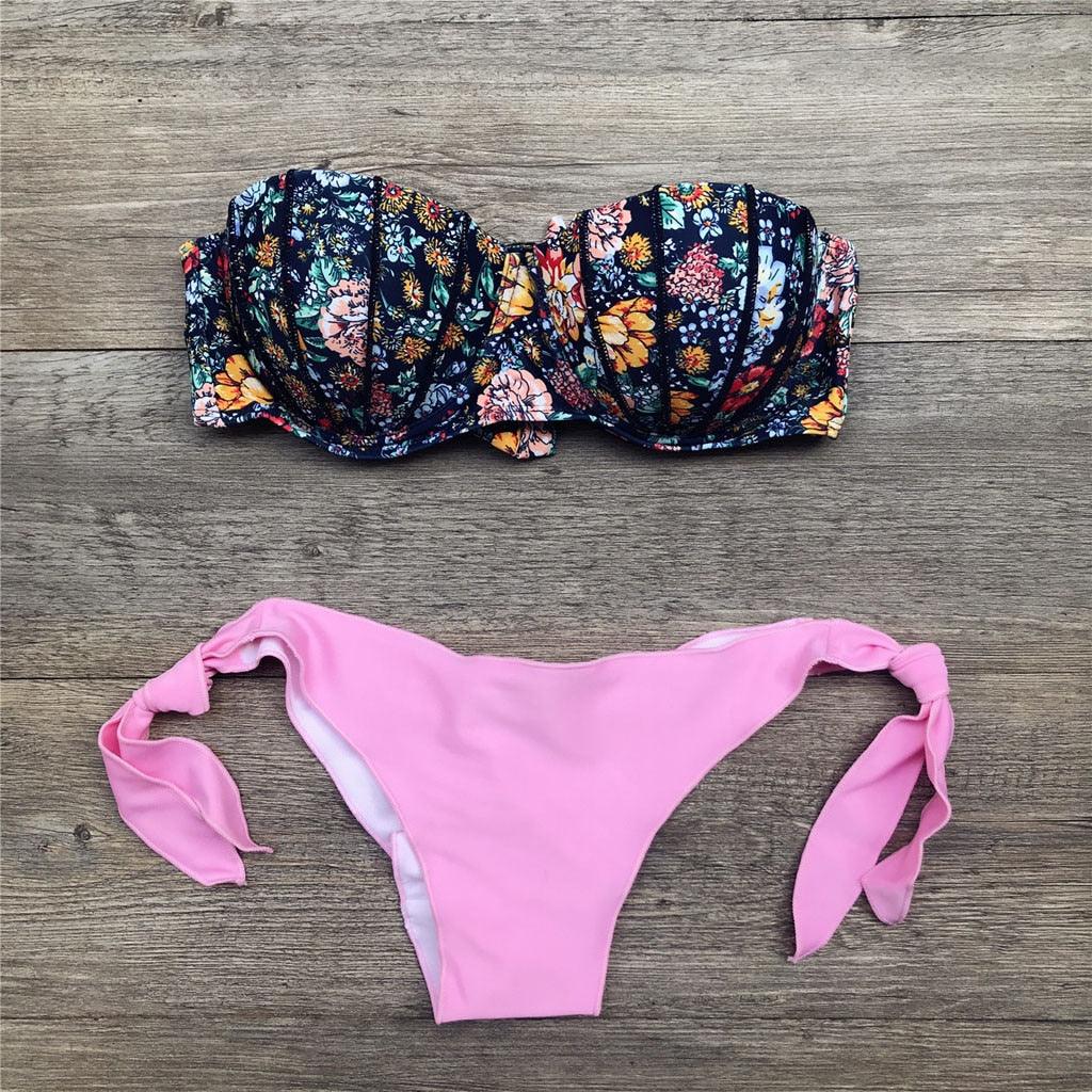 Women Bikini Swimsuit Bandage Floral Print Swimwear Split Bathing Suit Swimsuit Women Two 2 Piece Split Swimsuit Bandage Bikini Sets Halter Tops Bottoms Strapless Swimwear