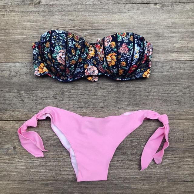Women Bikini Swimsuit Bandage Floral Print Swimwear Split Bathing Suit Swimsuit Women Two 2 Piece Split Swimsuit Bandage Bikini Sets Halter Tops Bottoms Strapless Swimwear