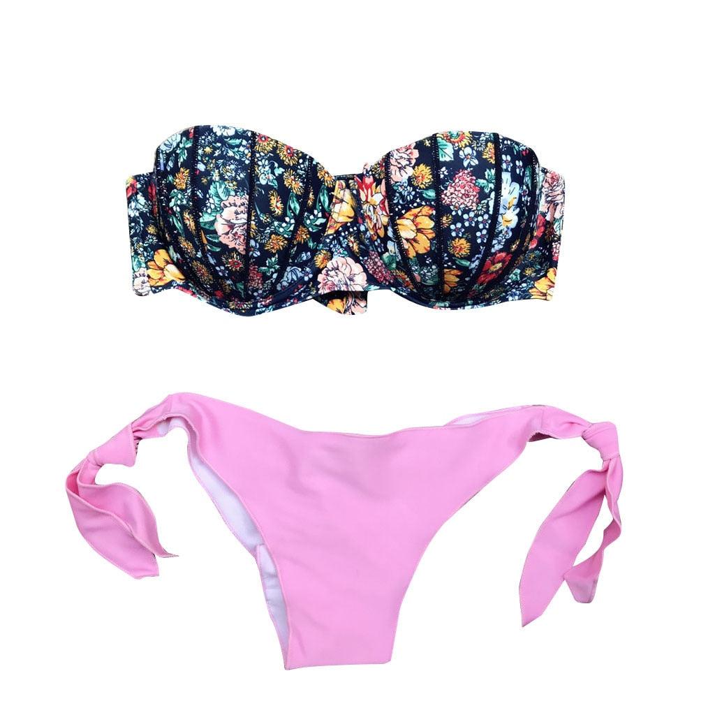 Women Bikini Swimsuit Bandage Floral Print Swimwear Split Bathing Suit Swimsuit Women Two 2 Piece Split Swimsuit Bandage Bikini Sets Halter Tops Bottoms Strapless Swimwear