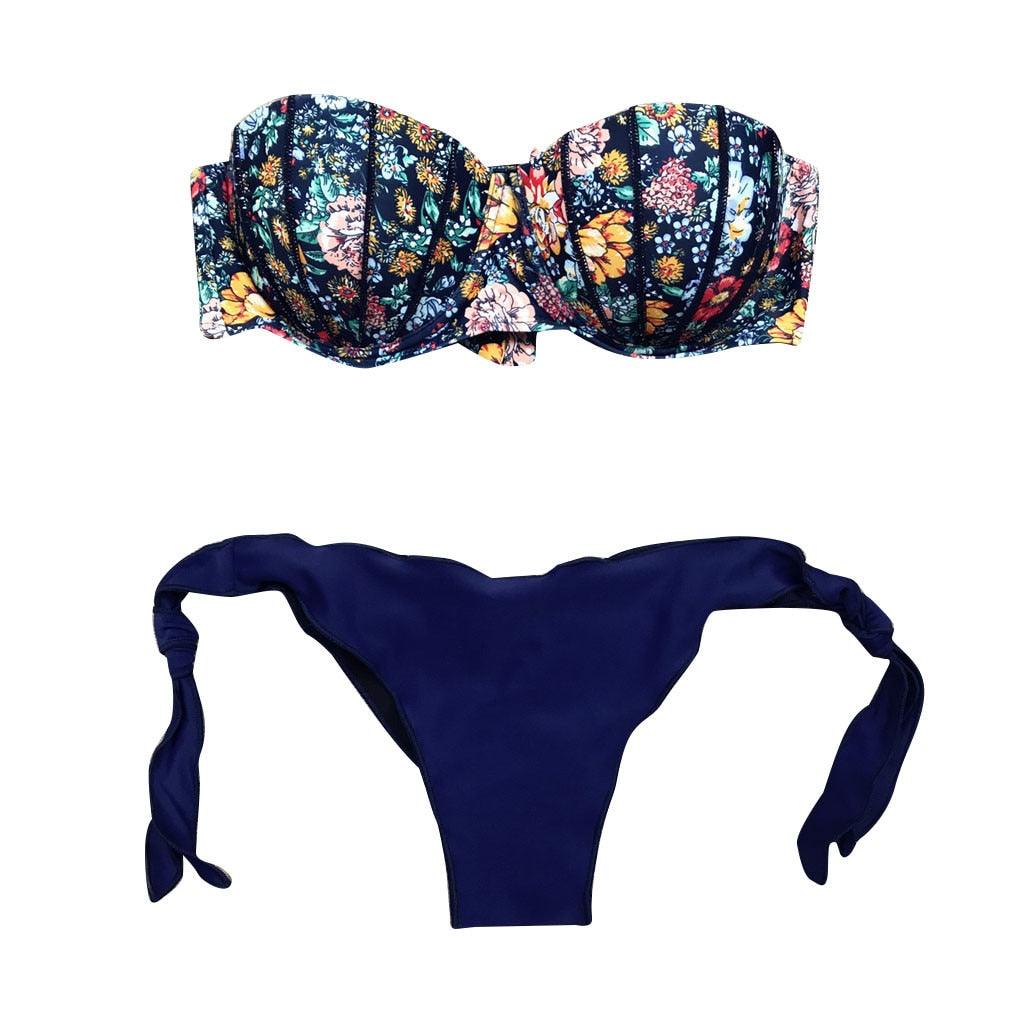Women Bikini Swimsuit Bandage Floral Print Swimwear Split Bathing Suit Swimsuit Women Two 2 Piece Split Swimsuit Bandage Bikini Sets Halter Tops Bottoms Strapless Swimwear