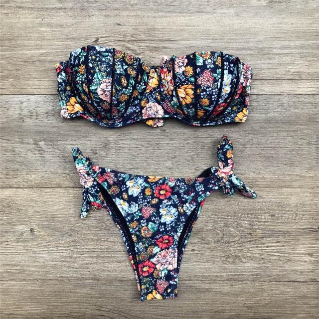 Women Bikini Swimsuit Bandage Floral Print Swimwear Split Bathing Suit Swimsuit Women Two 2 Piece Split Swimsuit Bandage Bikini Sets Halter Tops Bottoms Strapless Swimwear