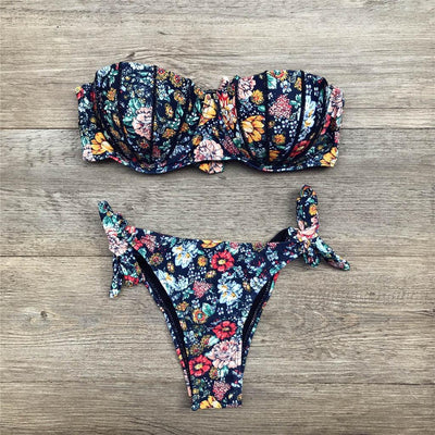 Women Bikini Swimsuit Bandage Floral Print Swimwear Split Bathing Suit Swimsuit Women Two 2 Piece Split Swimsuit Bandage Bikini Sets Halter Tops Bottoms Strapless Swimwear