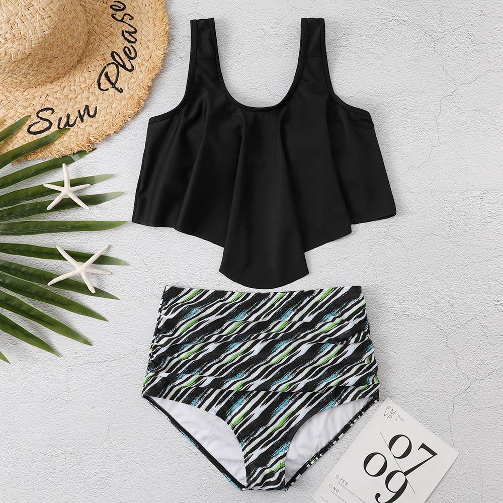 Women High Waist Bikini Plus Size Swimwear Summer Swimsuit Beach Bathing Suit Ruffle Bikini Floral Printed Ruffle High Waist Bikini Set Women's Tummy Control Bathing Suit Swimsuit Flounce Peplum