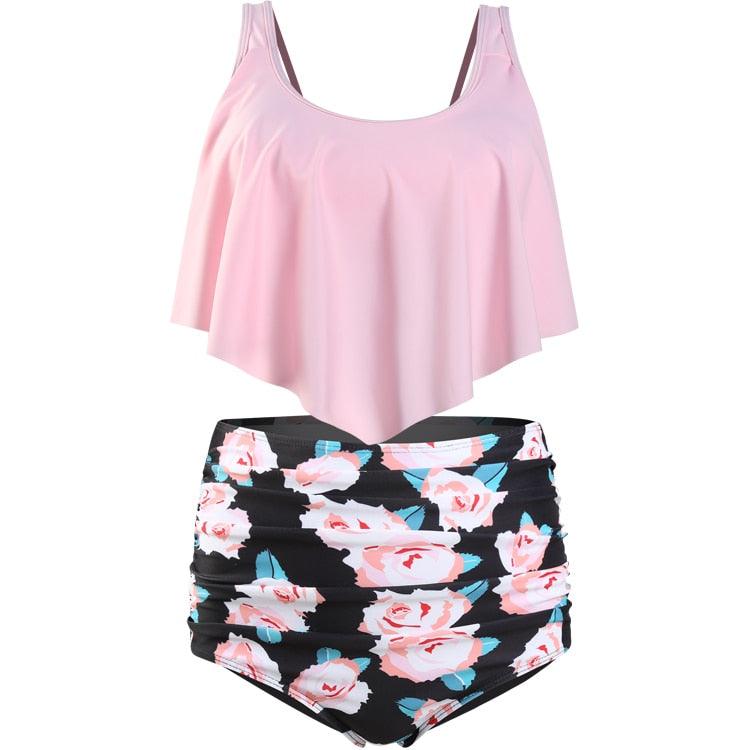 Women High Waist Bikini Plus Size Swimwear Summer Swimsuit Beach Bathing Suit Ruffle Bikini Floral Printed Ruffle High Waist Bikini Set Women's Tummy Control Bathing Suit Swimsuit Flounce Peplum