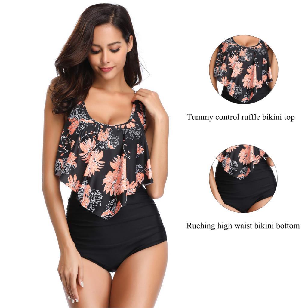 Women High Waist Bikini Plus Size Swimwear Summer Swimsuit Beach Bathing Suit Ruffle Bikini Floral Printed Ruffle High Waist Bikini Set Women's Tummy Control Bathing Suit Swimsuit Flounce Peplum
