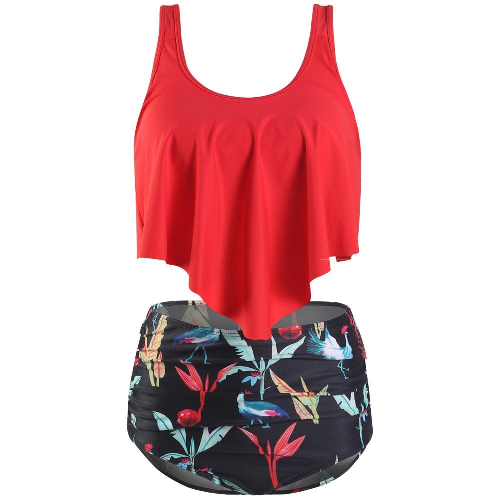 Women High Waist Bikini Plus Size Swimwear Summer Swimsuit Beach Bathing Suit Ruffle Bikini Floral Printed Ruffle High Waist Bikini Set Women's Tummy Control Bathing Suit Swimsuit Flounce Peplum