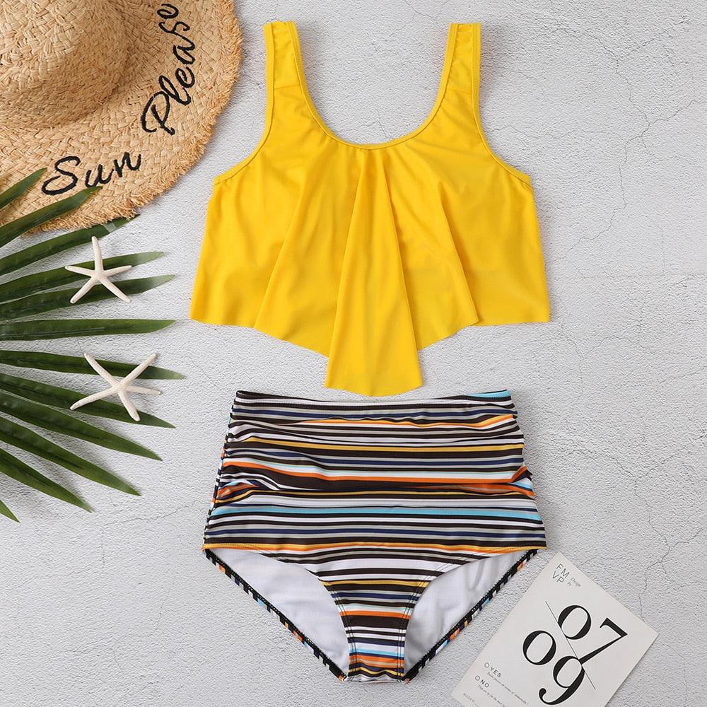 Women High Waist Bikini Plus Size Swimwear Summer Swimsuit Beach Bathing Suit Ruffle Bikini Floral Printed Ruffle High Waist Bikini Set Women's Tummy Control Bathing Suit Swimsuit Flounce Peplum