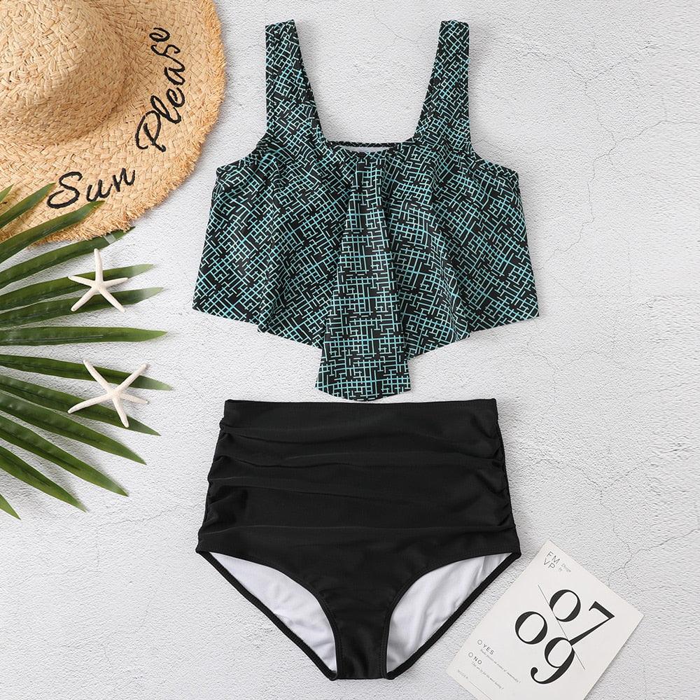 Women High Waist Bikini Plus Size Swimwear Summer Swimsuit Beach Bathing Suit Ruffle Bikini Floral Printed Ruffle High Waist Bikini Set Women's Tummy Control Bathing Suit Swimsuit Flounce Peplum
