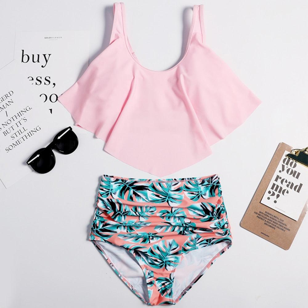 Women High Waist Bikini Plus Size Swimwear Summer Swimsuit Beach Bathing Suit Ruffle Bikini Floral Printed Ruffle High Waist Bikini Set Women's Tummy Control Bathing Suit Swimsuit Flounce Peplum