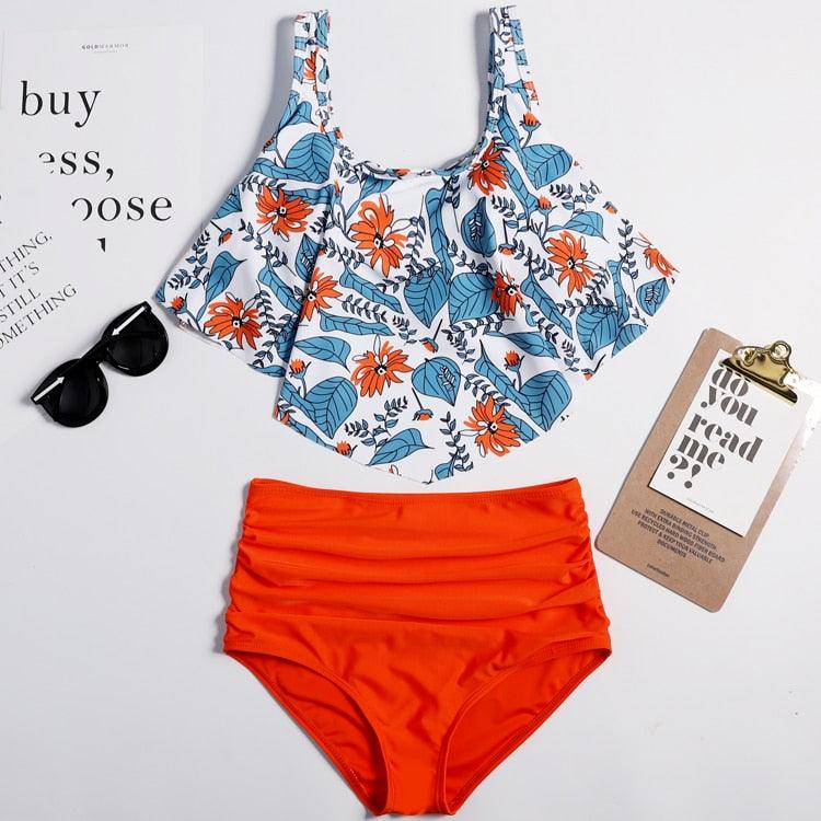 Women High Waist Bikini Plus Size Swimwear Summer Swimsuit Beach Bathing Suit Ruffle Bikini Floral Printed Ruffle High Waist Bikini Set Women's Tummy Control Bathing Suit Swimsuit Flounce Peplum