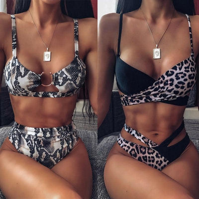 Women Luxury Leopard High Waist Bikini Swimsuit Women's Push Up Bra Tie Side Cutout Bikini Set High Cut Padded Solid Bating Suit Swimwear Female Bikini Set Bathing Suit