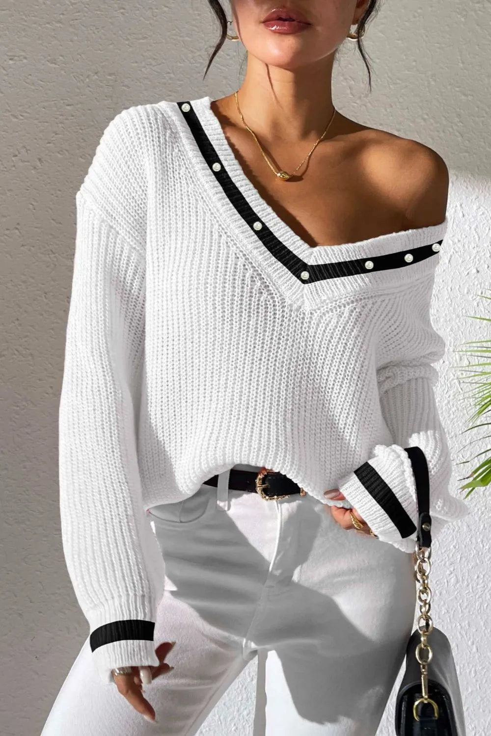 Women's Top Color Contrast Splicing V-neck Long Sleeve Sweater