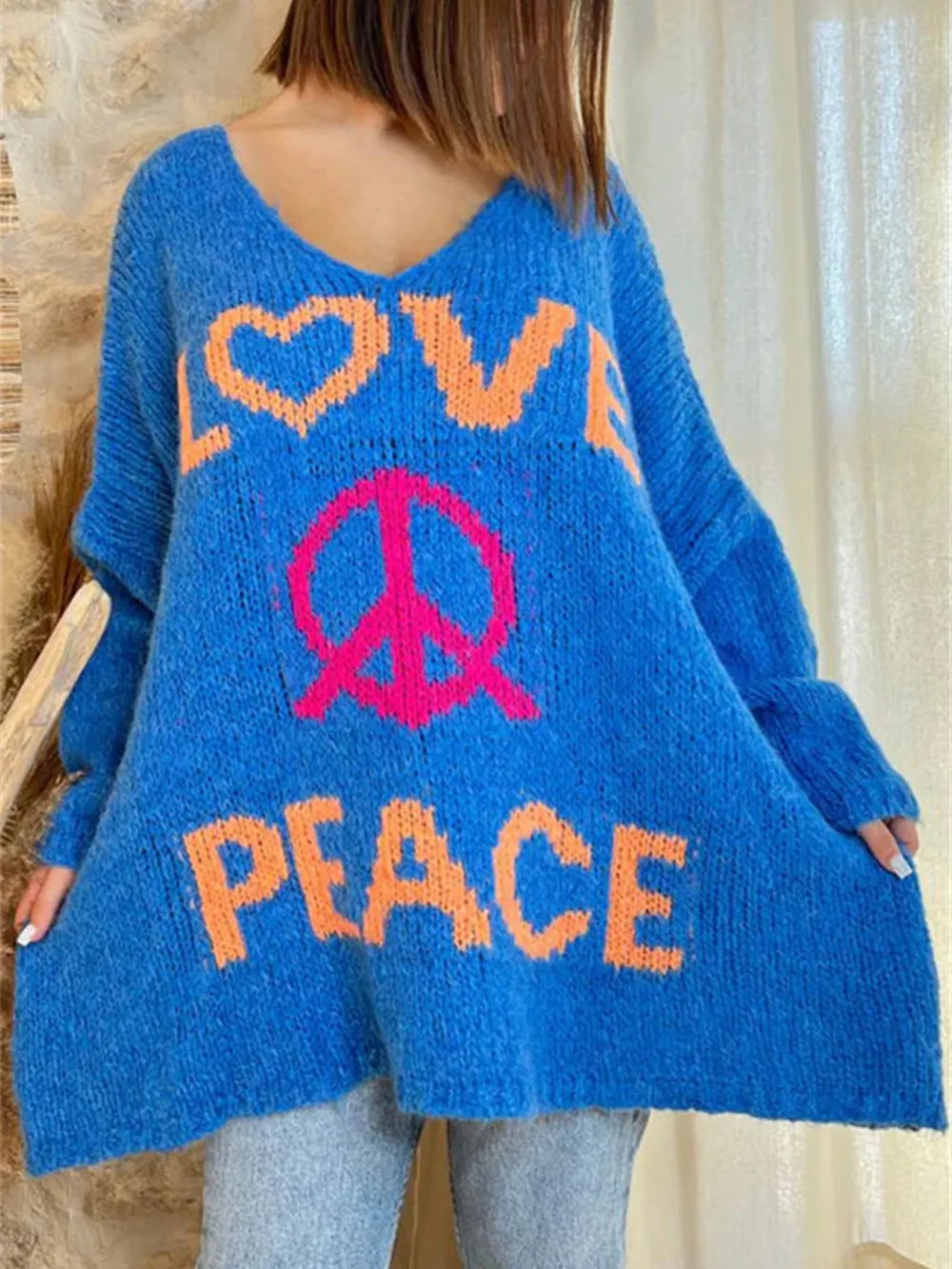 Women's V-neck letter loose and lazy knitted sweater