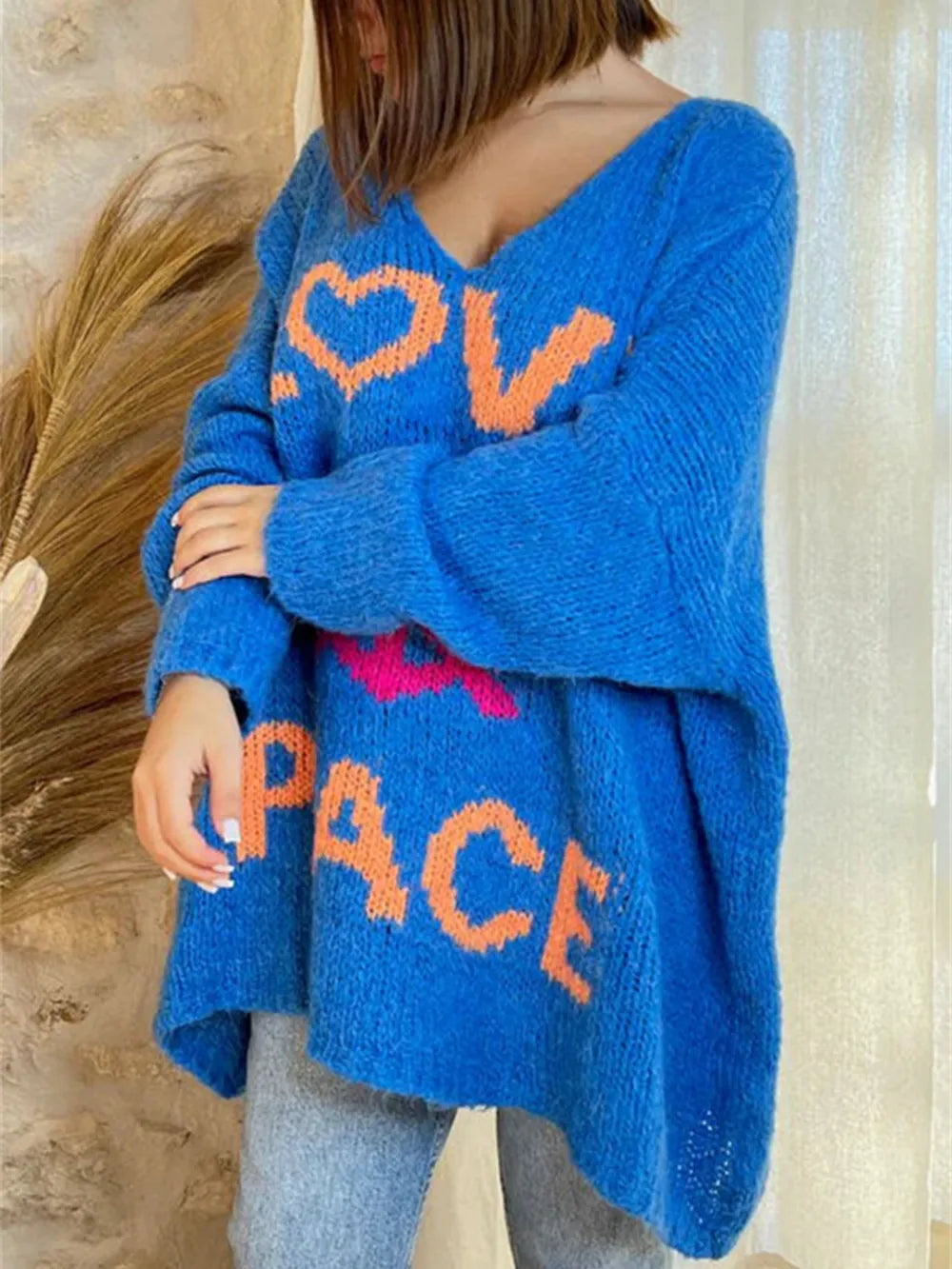 Women's V-neck letter loose and lazy knitted sweater