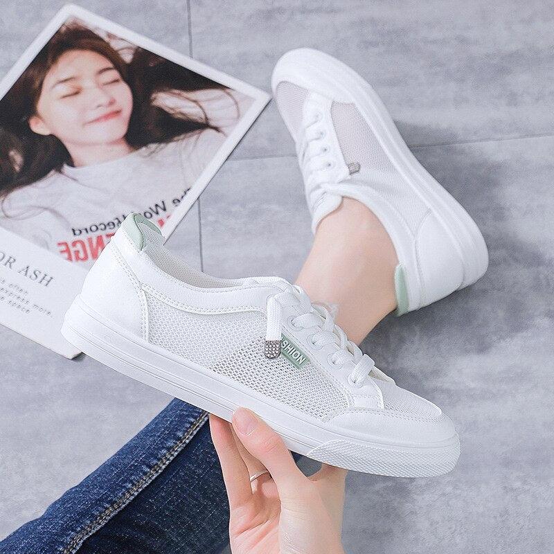 Women's White Casual Sneakers Spring Summer Breathable Flats Solid Color Mesh Shoes Fashion White Flat Sneakers Women Workout Tennis Walking Gym Fashion Sneakers