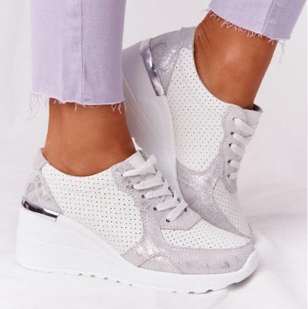 Women Sneakers Leopard Print Lace-Up Women's Vulcanize Shoes Sports Sneakers Breathable Height Increasing Walking Jogging Sneakers Gold Silver Sport Running Women's Sneakers