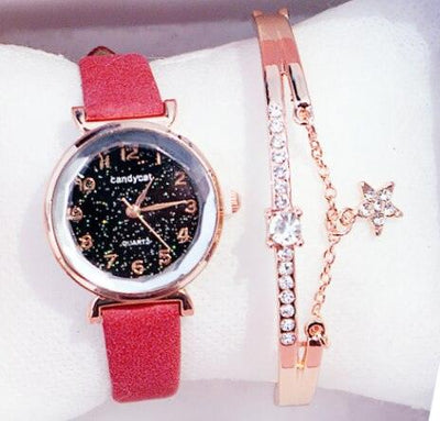 Women Watches Starry Sky Bracelet Set Watch Casual Leather Quartz Wristwatch Fashion Leather Strap Dress Analogy Display Classic Romantic With Jewelry Bracelet Set