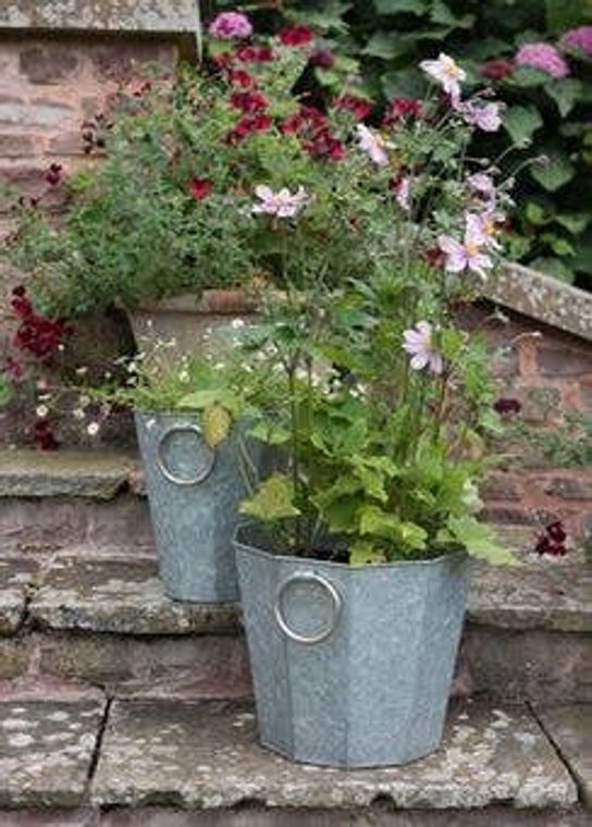 Set of 2 Beveled Zinc Planters With Handles