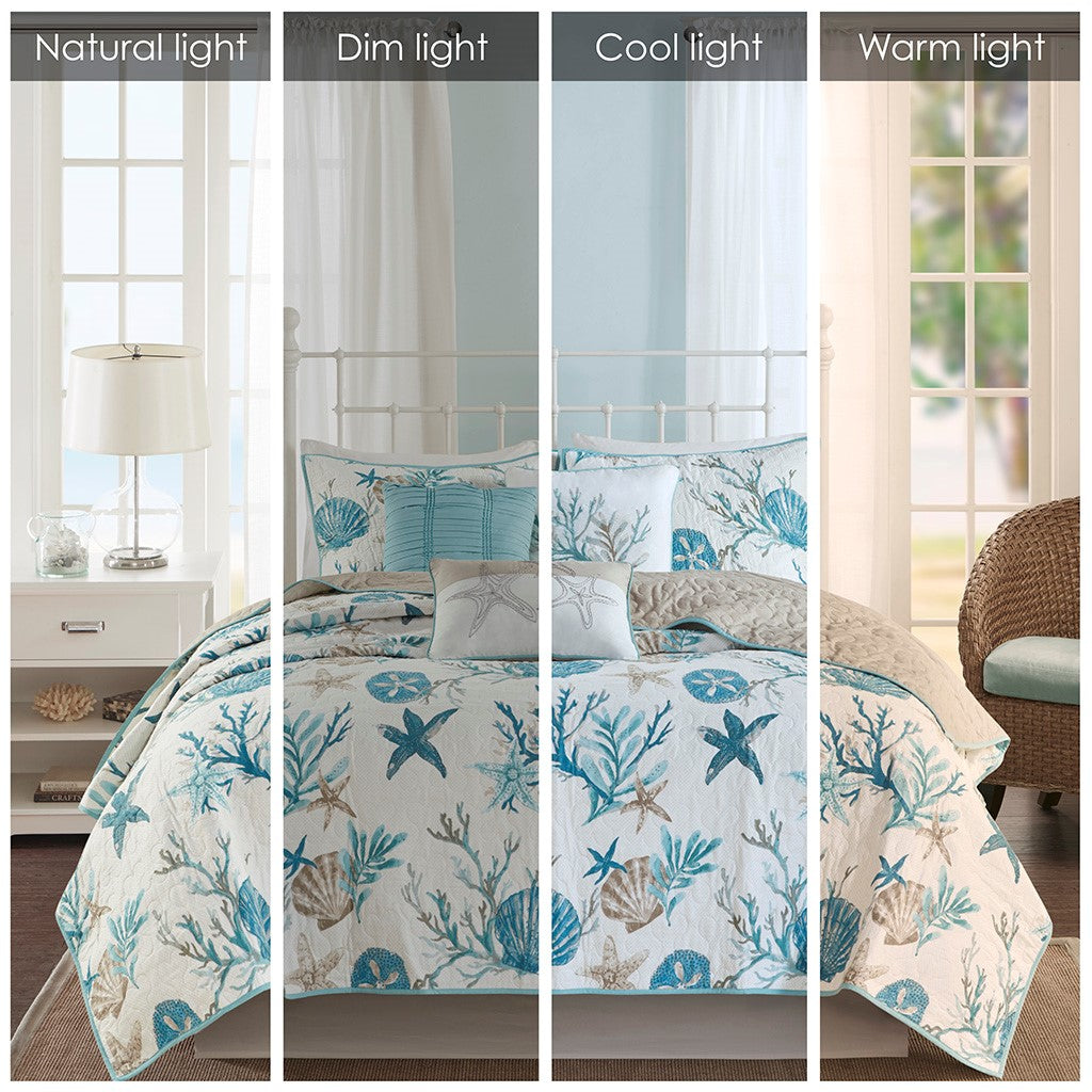 Pebble Beach 6 Piece Cotton Sateen Reversible Coverlet Set - Aqua