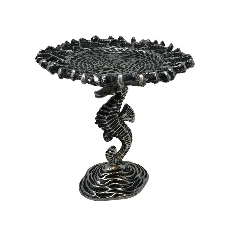 Antique Nickel Cast Aluminum Seahorse Pedestal Candle Tray