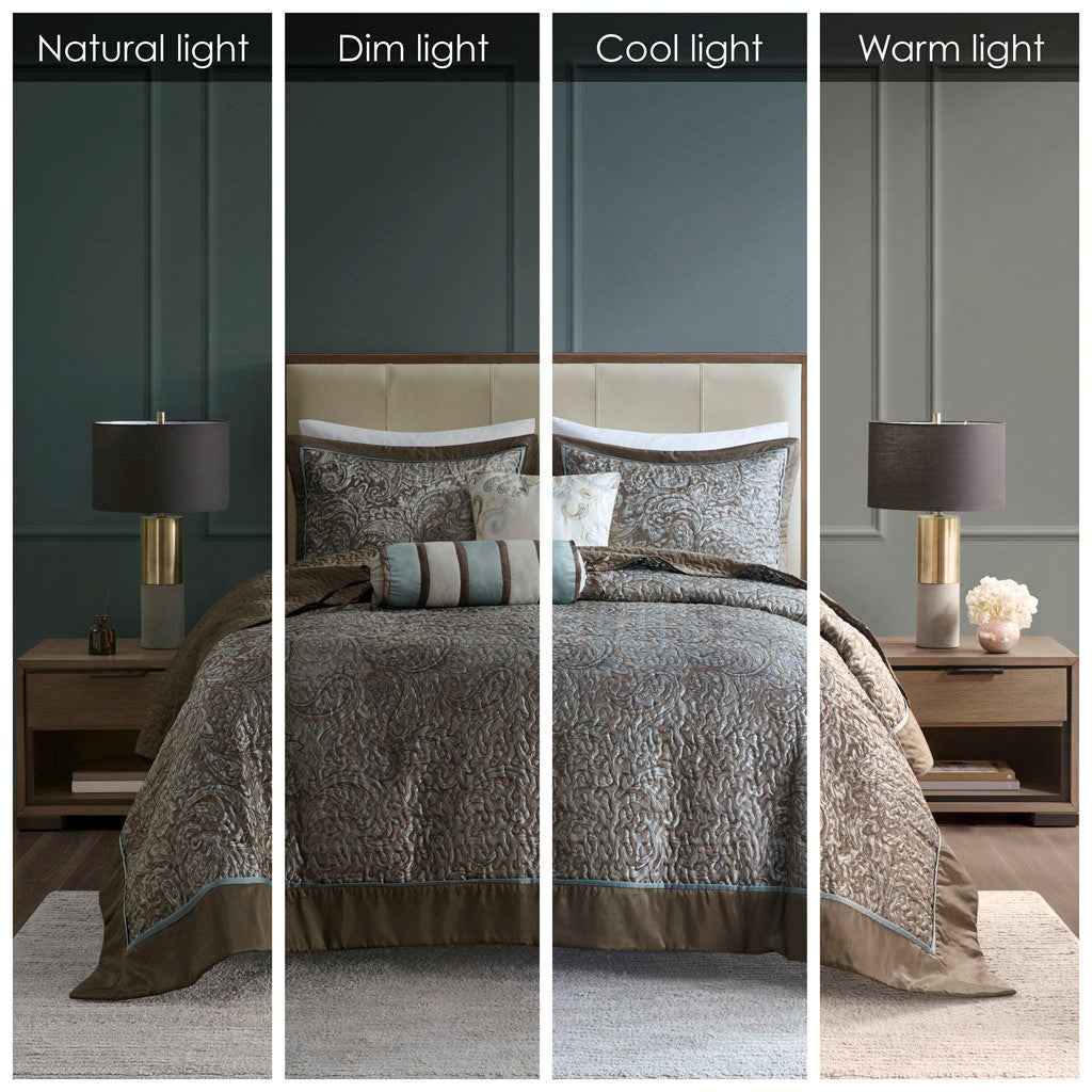 Aubrey 5 Piece Reversible Jacquard Bedspread Set in Blue/Brown