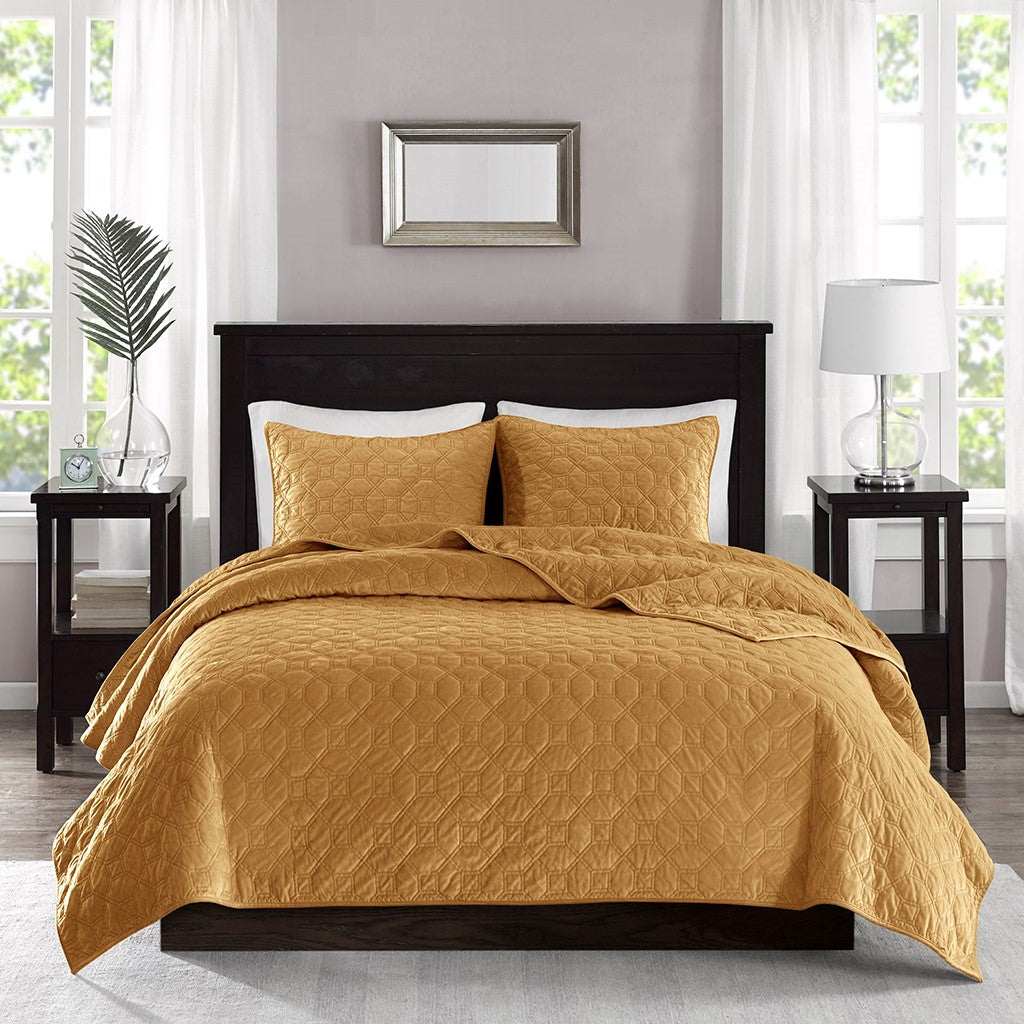 Harper Velvet 3 Piece Coverlet Set - Mustard