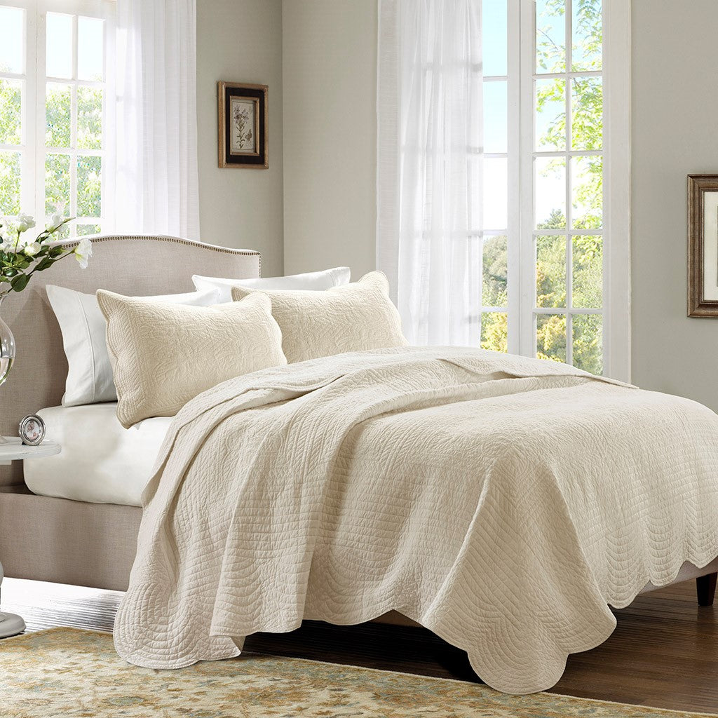 Tuscany 3 Piece Reversible Scalloped Edge Coverlet Set - Cream