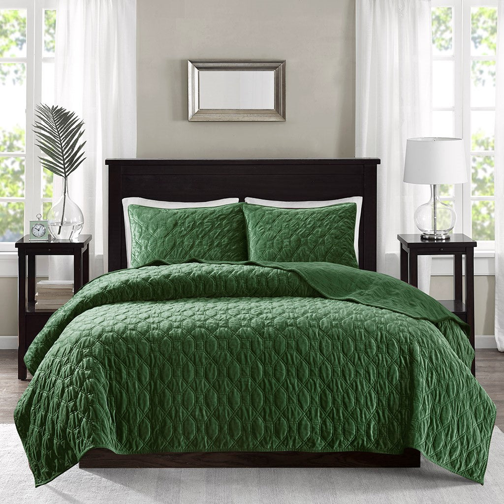 Harper Velvet 3 Piece Coverlet Set - Green