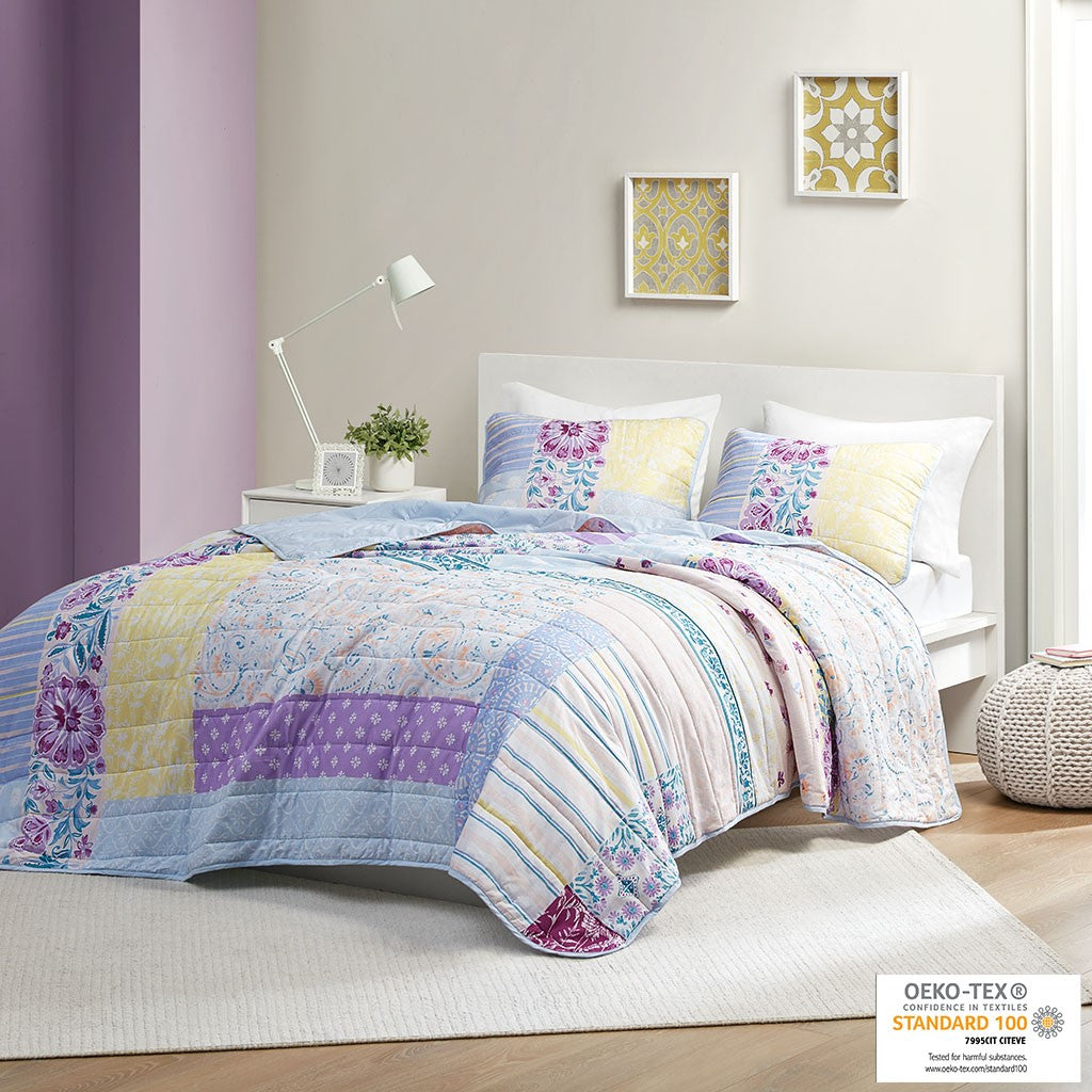 Emmaline Patchwork Printed Cotton Reversible Coverlet Set