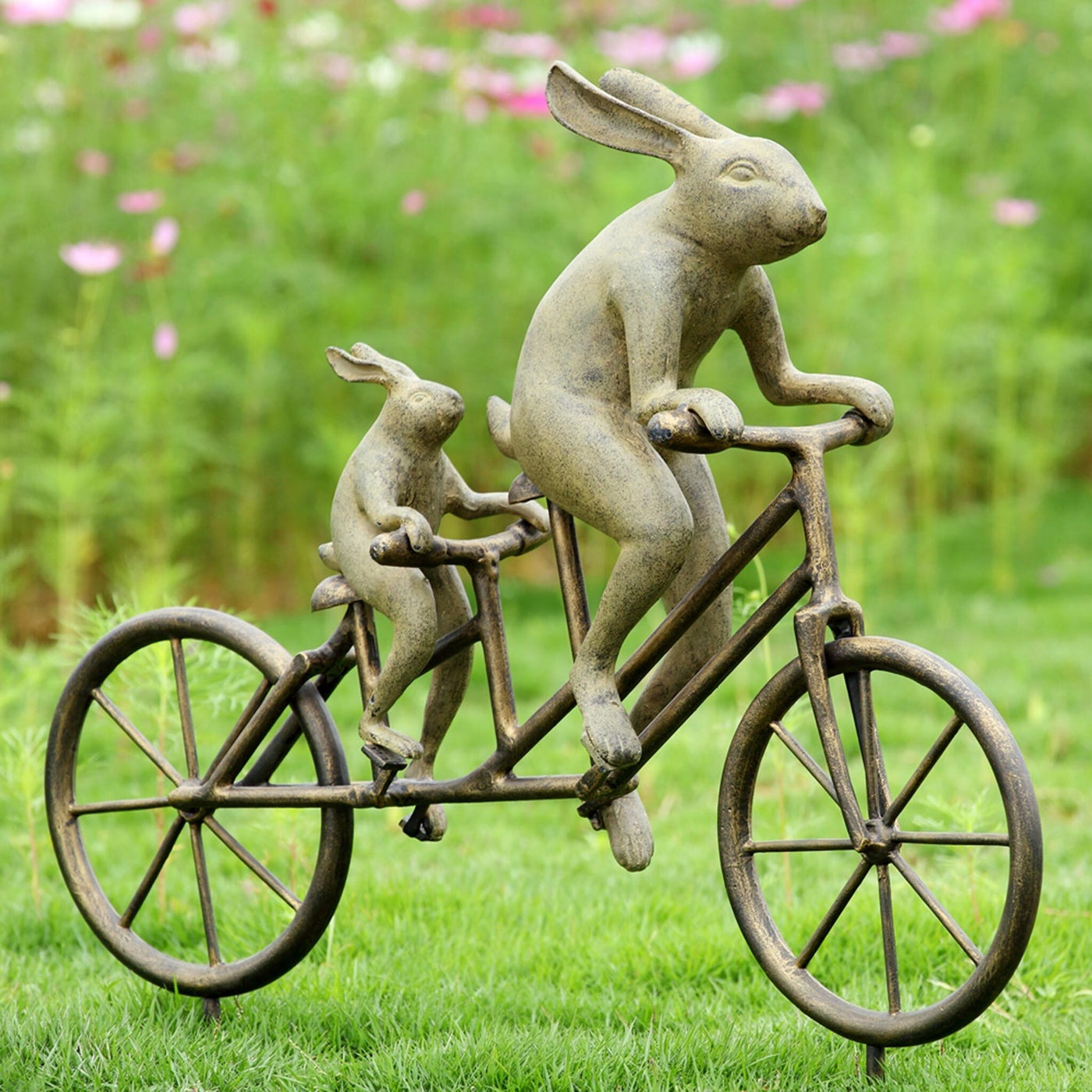 Tandem Bicycle Bunnies Garden Sculpture with Stake