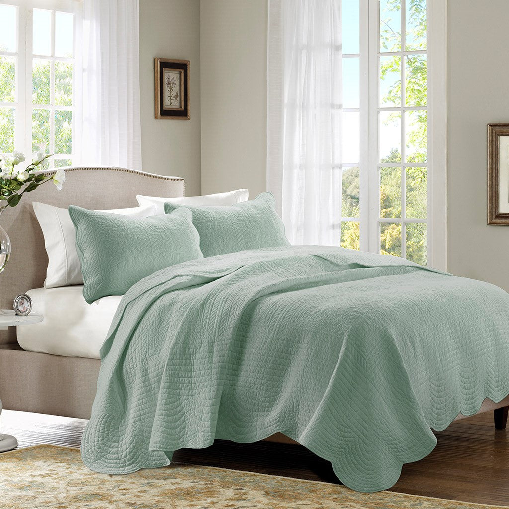Tuscany 3 Piece Reversible Scalloped Edge Coverlet Set - Seafoam