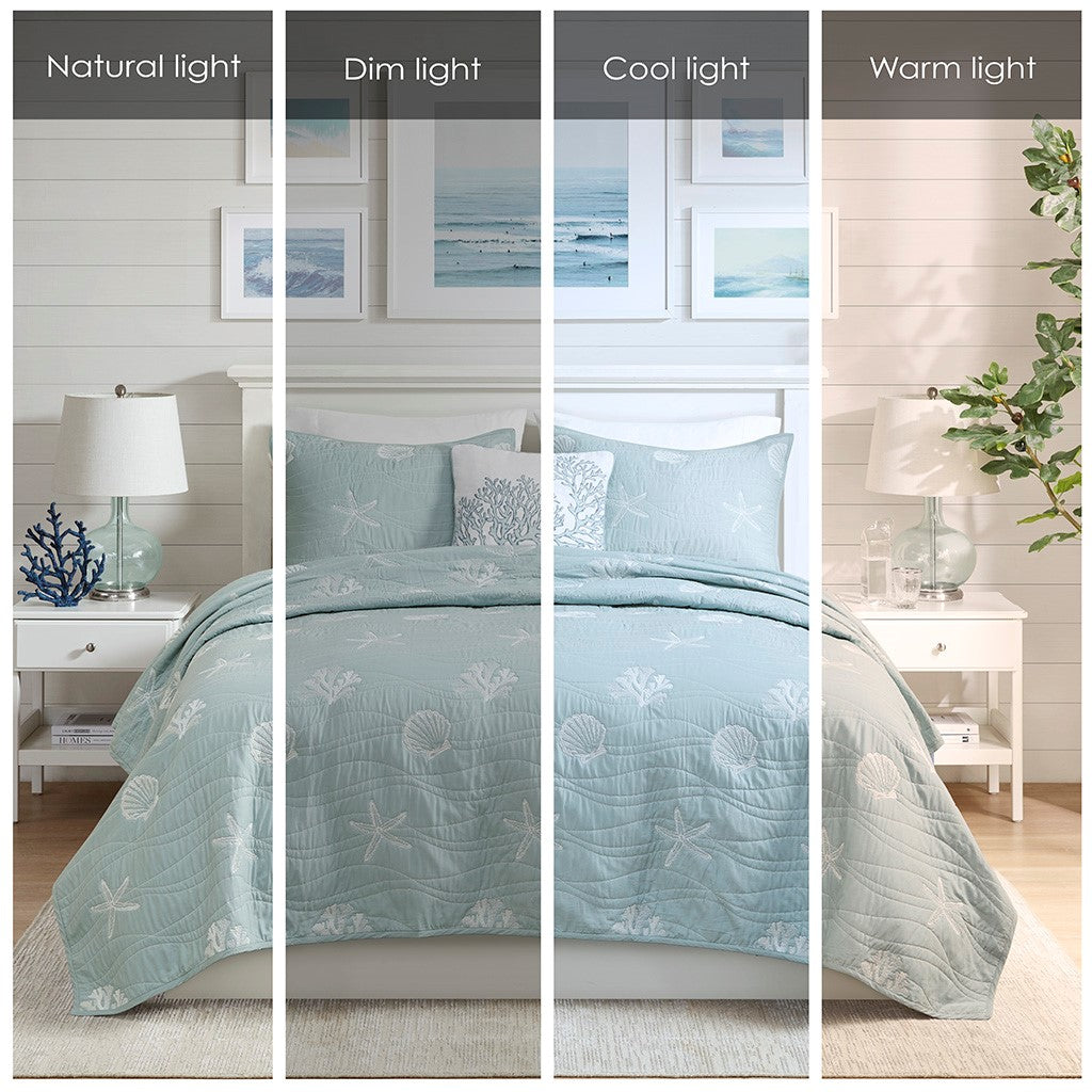Seaside 4 Piece Cotton Coverlet Set - Aqua