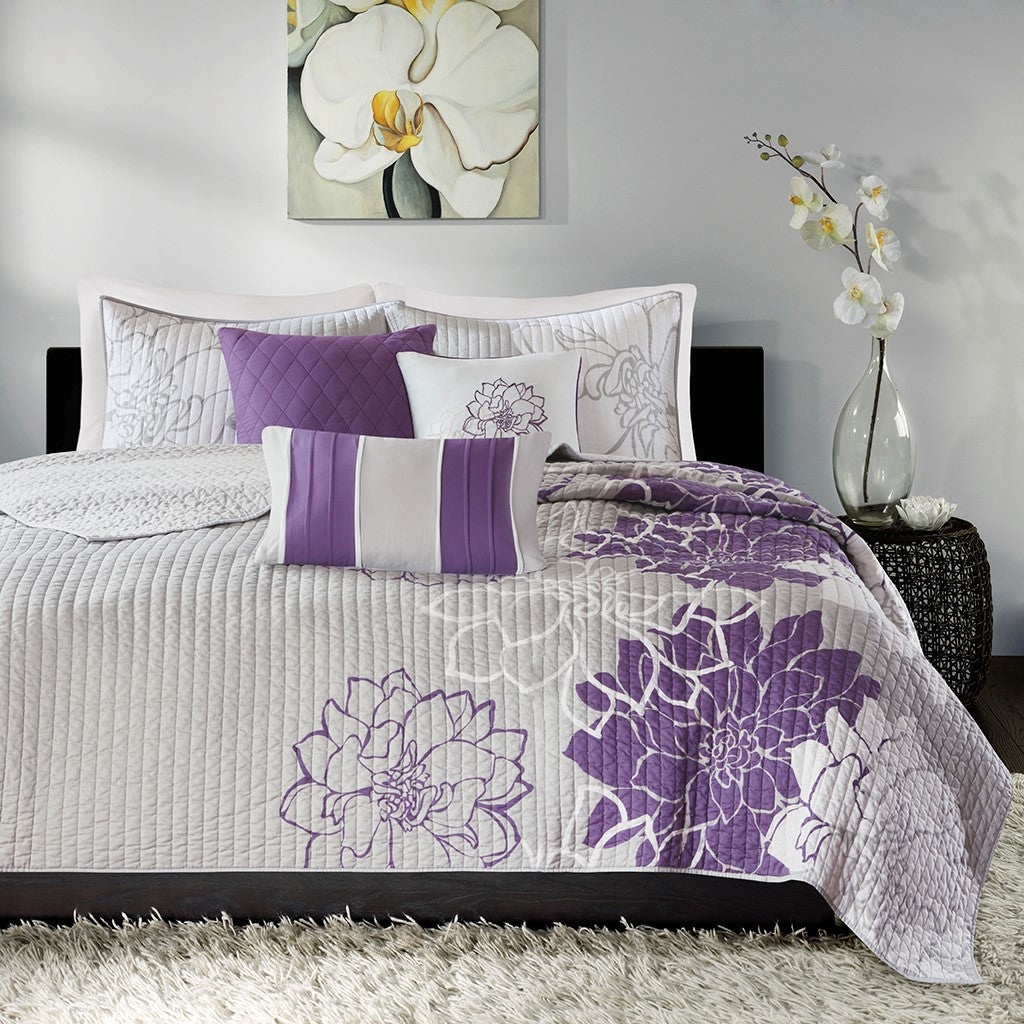 Lola 6 Piece Reversible Cotton Printed Coverlet Set - Purple