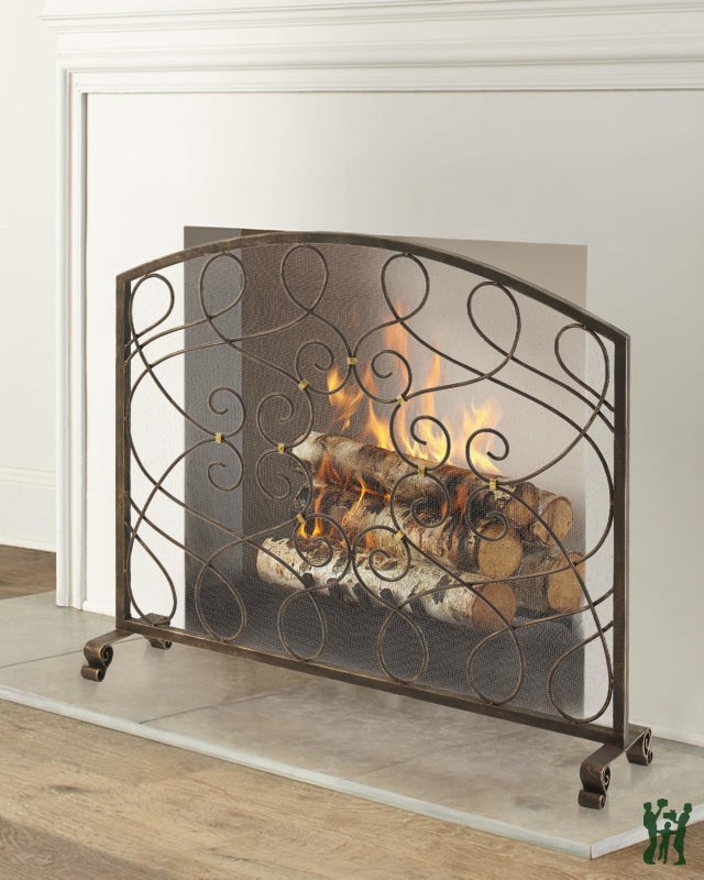 38.5W Burnished Gold Arched Top Loop Design Single Panel Fire Screen With Italian Accents And Mesh