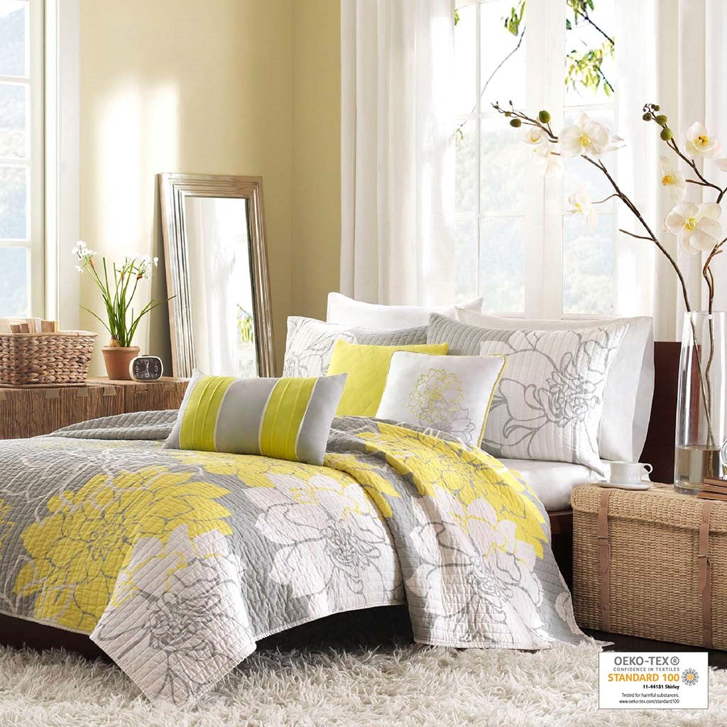 Lola 6 Piece Reversible Cotton Printed Coverlet Set - Yellow
