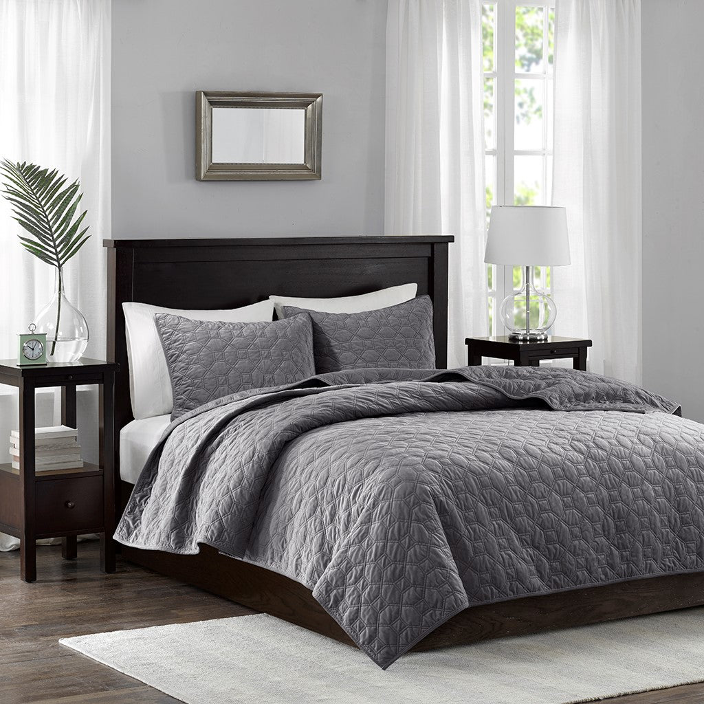 Harper Velvet 3 Piece Coverlet Set - Grey