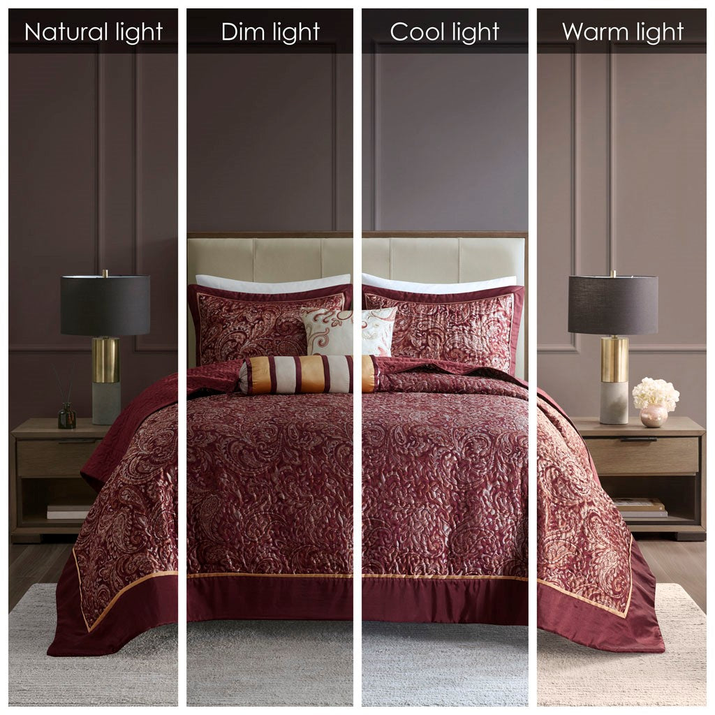 Aubrey 5 Piece Reversible Jacquard Bedspread Set in Burgundy
